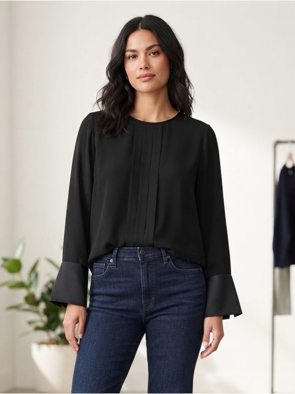 Black Pleated Front Long-Sleeve Women's Top